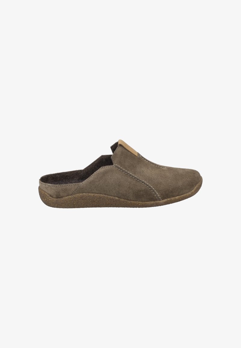 Brown suede slip-on shoe with a textured sole, featuring a stitched design and a small leather accent near the opening.