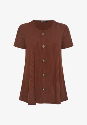 Braunes, geripptes Kurzarmoberteil mit rundem Ausschnitt und fünf großen braunen Knöpfen in der Mitte vorne.