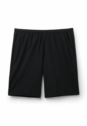 Czarne spodenki z elastycznym pasem, z bocznymi kieszeniami, do kolan, wykonane z lekkiego materiału, ułożone na płasko na białym tle.