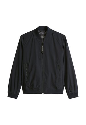 Schwarze Bomberjacke mit Frontreißverschluss, seitlichen Reißverschlusstaschen, gerippten Bündchen und Kragen, entworfen für den Freizeit-Look.