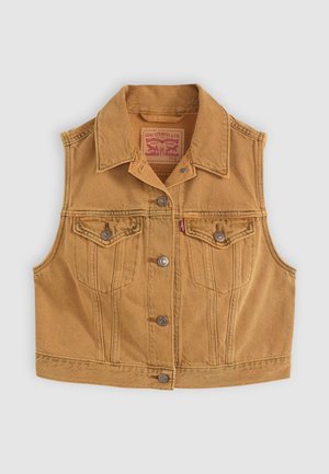 Spijker sleeveless vest in mosterdgeel met een klassieke kraag, frontzakken en metalen knopen. Beschikt over steekdetails en een merklabel.