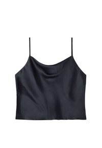 Zwarte satijnen camisole met dunne bandjes, voorzien van een gladde, glanzende textuur, een losse pasvorm en een subtiele ronde halslijn.