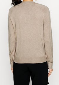 Beżowy sweter dzianinowy z długimi rękawami, ribbowymi mankietami i dołem, miękka tekstura oraz okrągły dekolt. Widok pokazuje tylną część projektu.