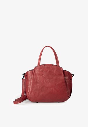 Red leather handbag with a rounded, angular shape, top handles, and an adjustable shoulder strap. Smooth texture with minimal hardware.