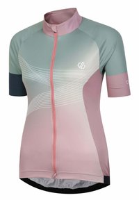 Korte mouw fietsjersey in teal, roze en marineblauw, met een hoge kraag, een rits aan de voorkant en geometrische witte lijnen op de romp.