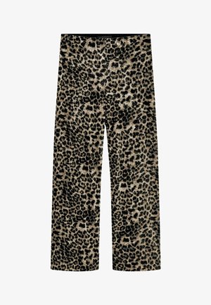 Pantaloni largi dintr-un material bej cu un model de imprimeu de leopard negru. Materialul are o textură moale, asigurând confortul la purtare.