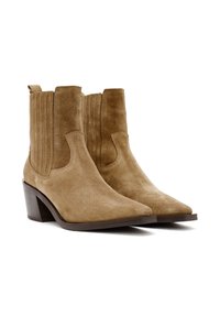 Pair of tan suede ankle boots with pointed toes, stacked heels, and elastic side panels on a white background.