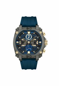 Orologio cronografo analogico con cinturino in silicone blu, cassa in acciaio inossidabile nero e dorato, e quadrante blu con più quadranti secondari e marchio.