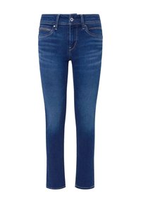 Blå denimjeans med slim fit, med midjehöjd, fem fickor och subtila blekta detaljer längs benen.