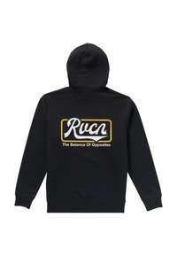 Black hoodie with a central white logo and yellow border reading "Rucn The Balance Of Opposites." Features a drawstring hood and ribbed cuffs.