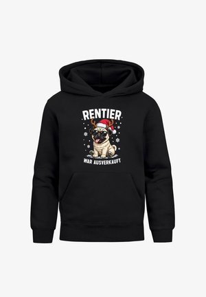 Schwarzer Hoodie mit einem Mops-Charakter mit Geweihen und einem Weihnachtsmannhut, bedrucktem Text "RENTIER WAR AUSVERKAUFT" und einer vorderen Kängurutasche.
