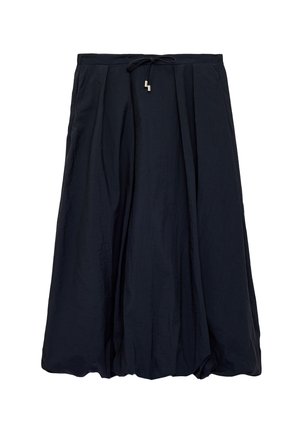 Schwarzer kniehoher Rock mit Falten und einem Taillenband mit Metallenden, aus leichtem Stoff gefertigt.