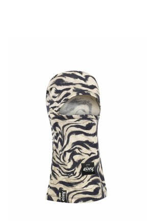 Cagoule à rayures tigres noires et beiges en tissu extensible avec une zone de visage ouvert, présentant une étiquette de logo sur le côté inférieur.