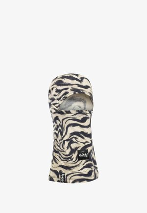 Black and beige tiger stripe balaclava in stretch fabric with open face area, featuring a logo tag on the lower side.