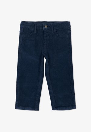 Pantalons en velours côtelé bleu marine pour tout-petits, avec poches avant, passants pour ceinture et fermeture par bouton argenté.