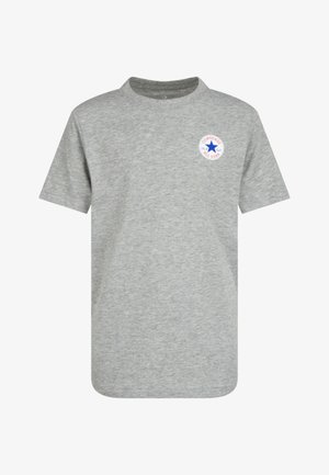 T-shirt cinzento de algodão com gola redonda, mangas curtas e um logo redondo "Converse All Star" no lado esquerdo do peito.