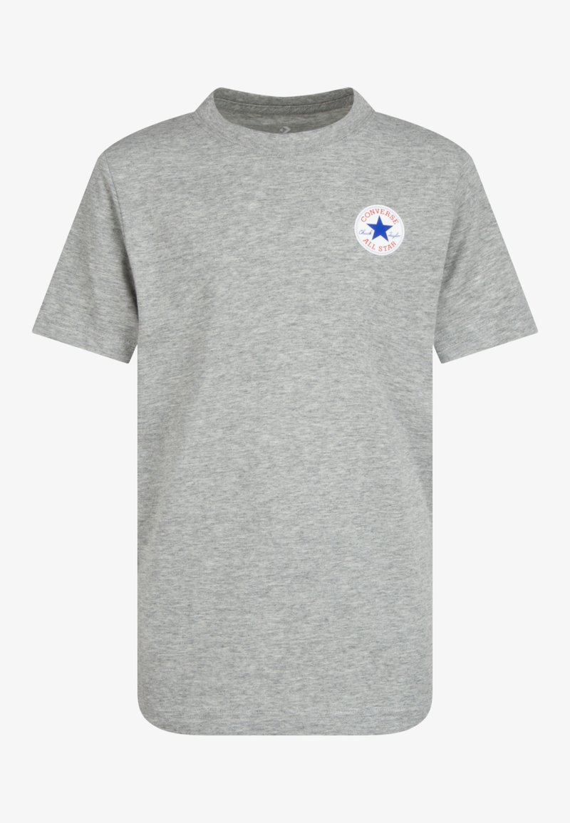 Grå bomulls t-shirt med rund hals, korta ärmar och en rund "Converse All Star"-logotyp på vänster bröst.