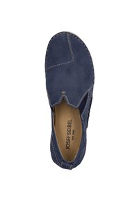 Navy blue slip-on shoe made of suede with a textured finish, featuring elastic side panels, stitched detailing, and a cushioned insole.