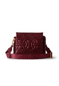 Burgundy leather crossbody bag with stitched circular pattern and adjustable strap embossed with "BORBONESE" and gold hardware accents.