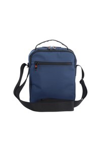 Zaino blu navy realizzato in tessuto resistente, con maniglia superiore, tracolla regolabile, tasca frontale con zipper e cuciture rinforzate per una maggiore robustezza.
