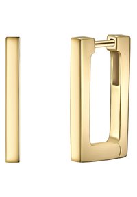 Auksinės metalinės auskarai, turintys stačiakampio formą su lengvu įdubimu, blizgiu paviršiumi ir saugiais užsegimais.