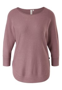 Pull en maille mauve à manches longues avec un col arrondi, des poignets côtelés et un ourlet incurvé, taille XS visible sur l'étiquette du cou.