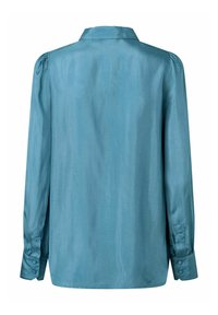 Maglioncino in satin color teal con colletto, maniche lunghe e polsini bottonati. Tessuto liscio con una vestibilità leggermente ampia e dettagli arricciati sulle spalle.