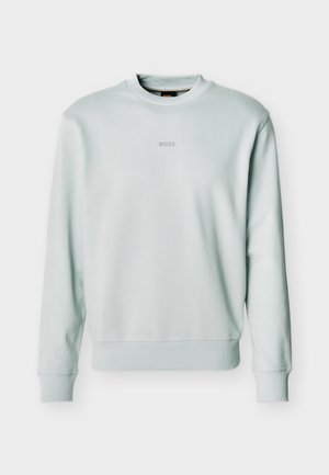 Light gray crewneck sweatshirt with ribbed cuffs and hem, small "BOSS" logo centered on the chest.