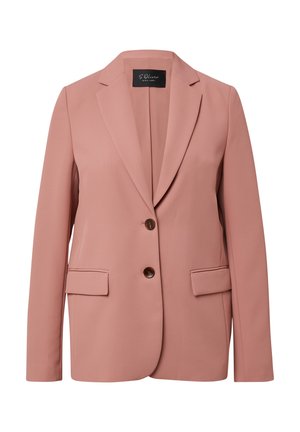 Blazer rose pâle en tissu lisse, avec un col cranté, une fermeture à bouton unique et deux poches avant.