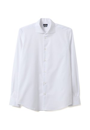 Weißes, langärmeliges, schlank geschnittenes Hemd mit Knopfleiste und klassischem Kragen, flach liegend auf weißem Hintergrund dargestellt.