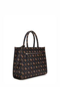 Borsa a spalla nera con motivo, dettagli dorati, forma strutturata, manici doppi e tasca anteriore con zip. Realizzata in materiale resistente.