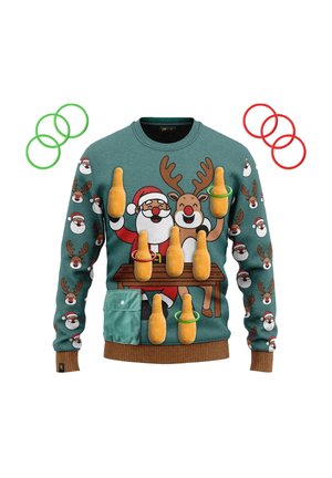 Green sweater with a festive design featuring Santa and a reindeer, plush bowling pin shapes, and colorful ring accents in red and green.