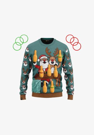 Green sweater with a festive design featuring Santa and a reindeer, plush bowling pin shapes, and colorful ring accents in red and green.