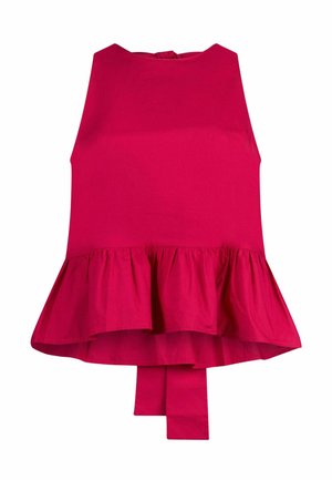 Top senza maniche di un brillante rosa acceso con collo alto rotondo e orlo a balza a peplo, caratterizzato da lacci posteriori estesi.
