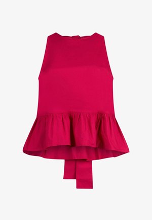 Top senza maniche di un brillante rosa acceso con collo alto rotondo e orlo a balza a peplo, caratterizzato da lacci posteriori estesi.