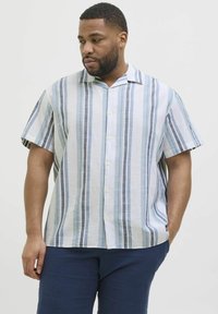 Camisa de botones de manga corta en azul claro con rayas verticales en azul oscuro y gris. Tejido suave, ajuste relajado, bajo recto.