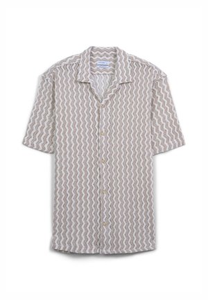 Chemise à manches courtes avec un motif en zigzag beige et blanc, fabriquée dans un tissu léger, dotée d'un col classique et d'une fermeture à bouton.