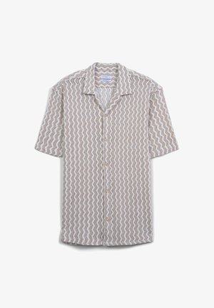 Kurzarmhemd mit Zickzackmuster in Beige und Weiß, aus leichtem Stoff, mit klassischem Kragen und Knopfverschluss.