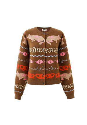 Bruine gebreide cardigan met roze en rode patronen, inclusief bloemen en katten. Ontworpen met een ronde hals en knoopsluiting.