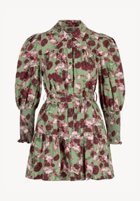 Kwiatowa sukienka o zielonym tle, z dużymi burgundowymi różami, plisowanymi detalami, bufkami, zapięciem na guziki z przodu i paskiem w talii.