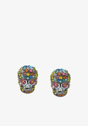 Colorful skull-shaped earrings adorned with variously colored rhinestones in pink, orange, blue, and yellow; metallic gray base.