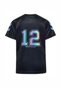 Black short-sleeve sports jersey with iridescent number 12 and text "LIGHT UP THE WORLD" on the back, plus chevron logos on sleeves.