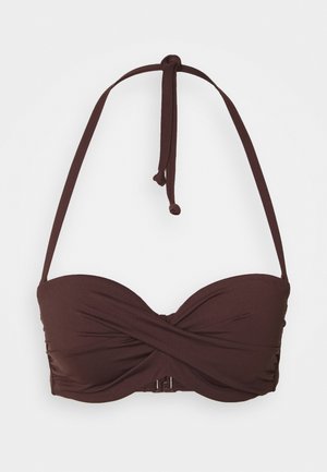 Brauner Bandeau-Bikini-Oberteil mit Twist-Detail an der Vorderseite, verstellbaren Halterneck-Trägern und einem Metallverschluss auf der Rückseite.