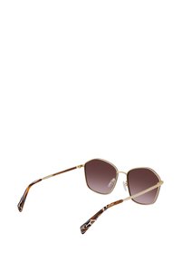 Ochelari de soare hexagonali cu lentile degrade maro, ramă din metal auriu și brațe din acetat tortoiseshell cu accente de marmură albă.
