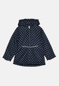 Giacca blu navy con pois bianchi, zip completa, cappuccio e due tasche inferiori. Tessuto morbido e liscio con bordi della zip bianchi a contrasto.