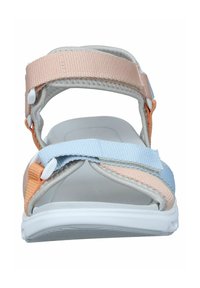 Multicolored sandal with a gray base, featuring adjustable straps in peach, blue, and orange, and a white rubber sole.
