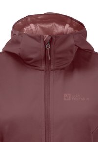 Maroon hooded jacket featuring a full zip front, smooth texture, and logo detail on the chest. Material appears water-resistant.