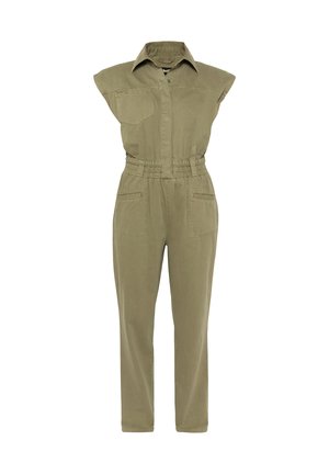 Bezrekawnikowy kombinezon w oliwkowym zielonym kolorze z kołnierzykiem, elastyczną talią, frontowym zamkiem błyskawicznym i wieloma kieszeniami na klatce piersiowej i biodrach.