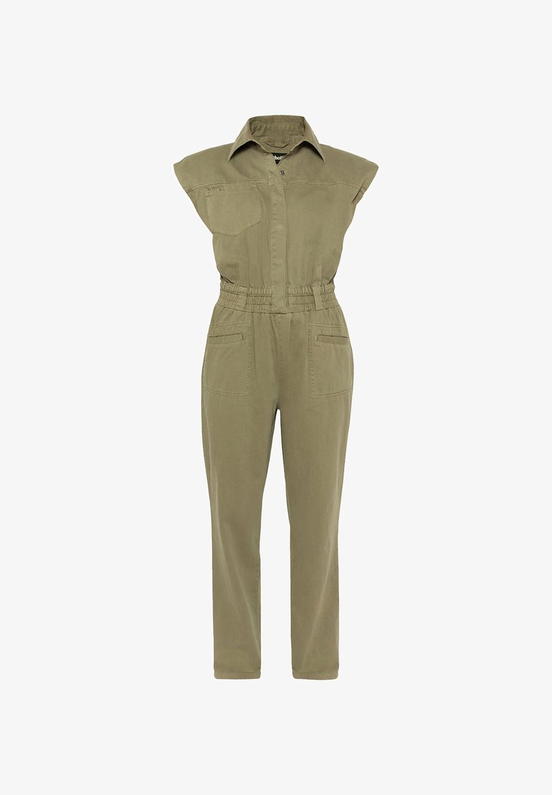 Combinaison sans manches vert olive avec col classique, taille élastiquée, fermeture éclair sur le devant et plusieurs poches sur la poitrine et les hanches.