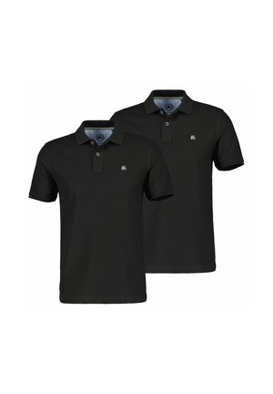 Two black short-sleeve polo shirts with collars and button plackets, each featuring a small embroidered logo on the left chest.